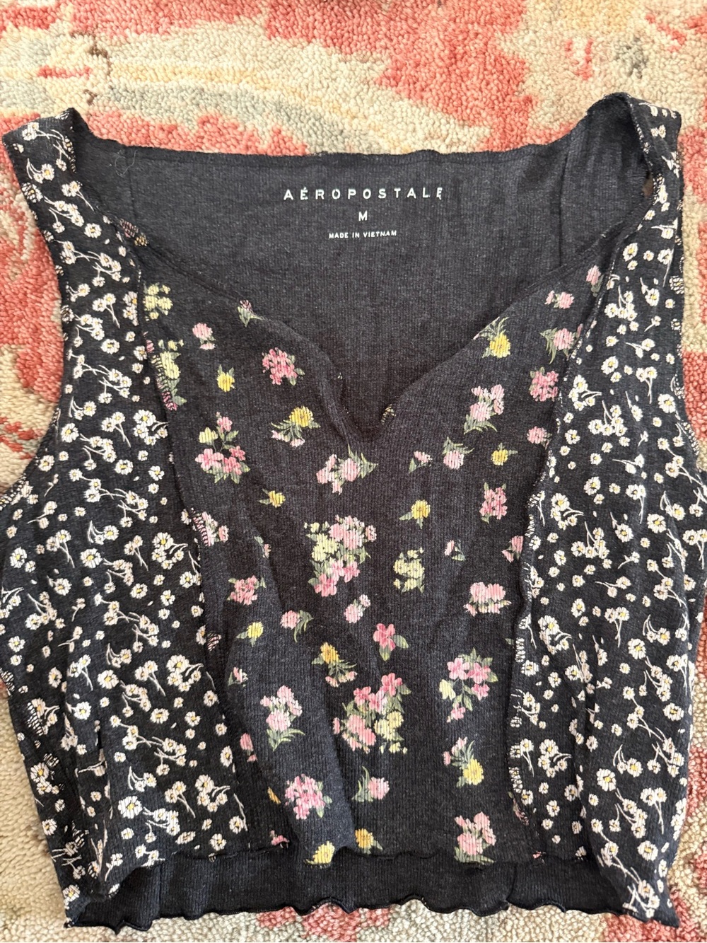 Aeropostale Black Floral Knit Tank with Pink & Yellow Blooms